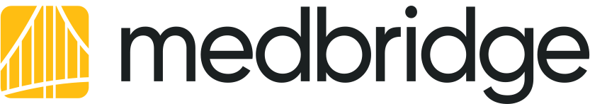 The image displays the Medbridge logo with black text and a yellow abstract bridge symbol on the left.